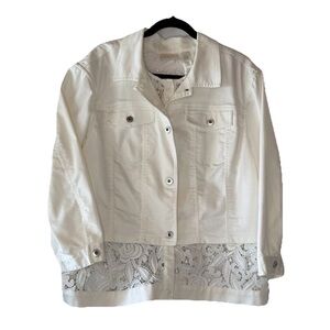 Chicos Size 3 (XL) White Denim Jean Jacket With Lace Embroidered Under Layer